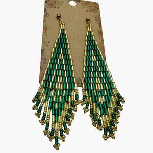 Vintage Beaded Teardrop Earrings Gold Green Pierced Post Long Fringe